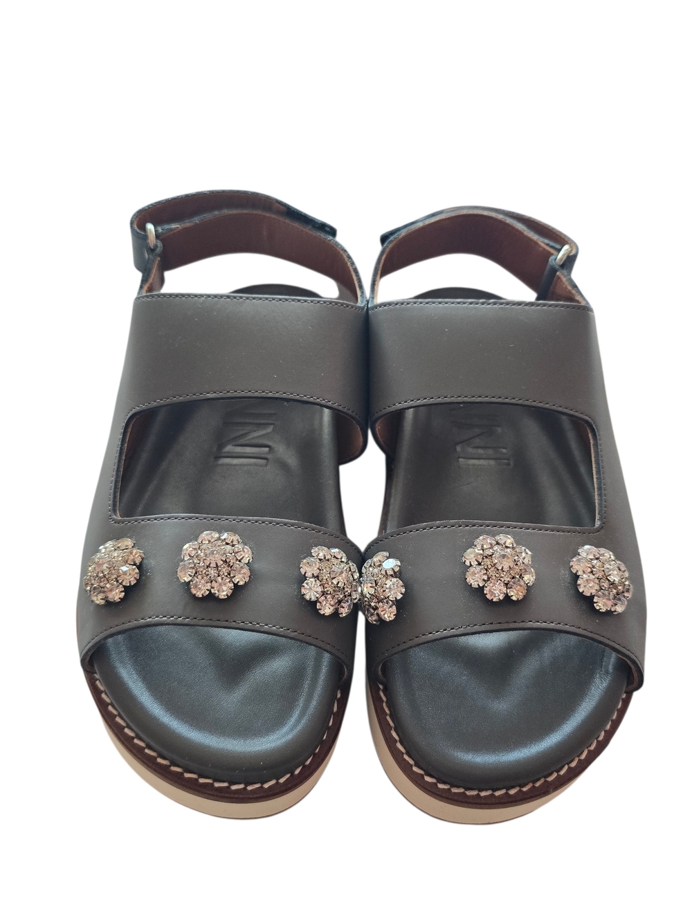 Ganni Brown Leather Sandals with Crystal Flower Accents Size 38
